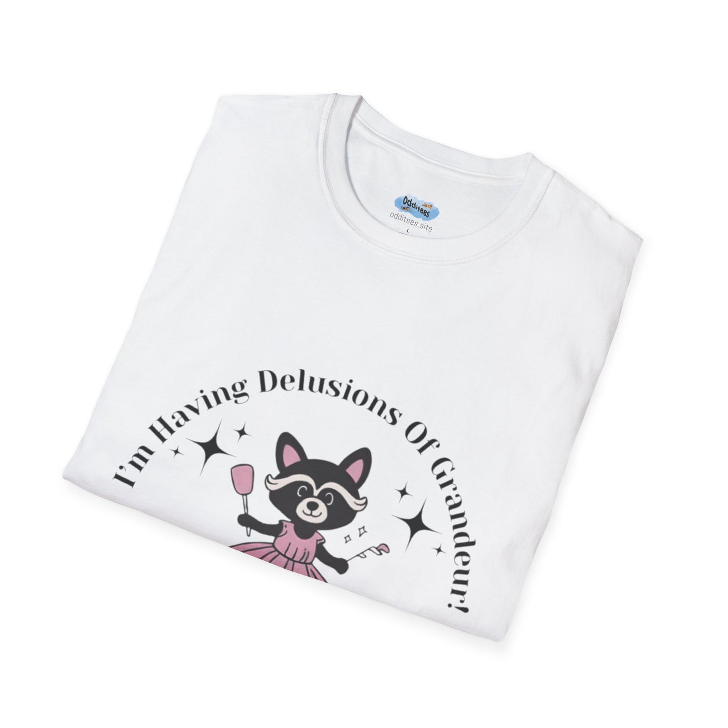 Cute Delusional Raccoon T-Shirt, Funny Animal Tee, Unisex Softstyle Shirt, Gift for Animal Lovers, Playful Fashion