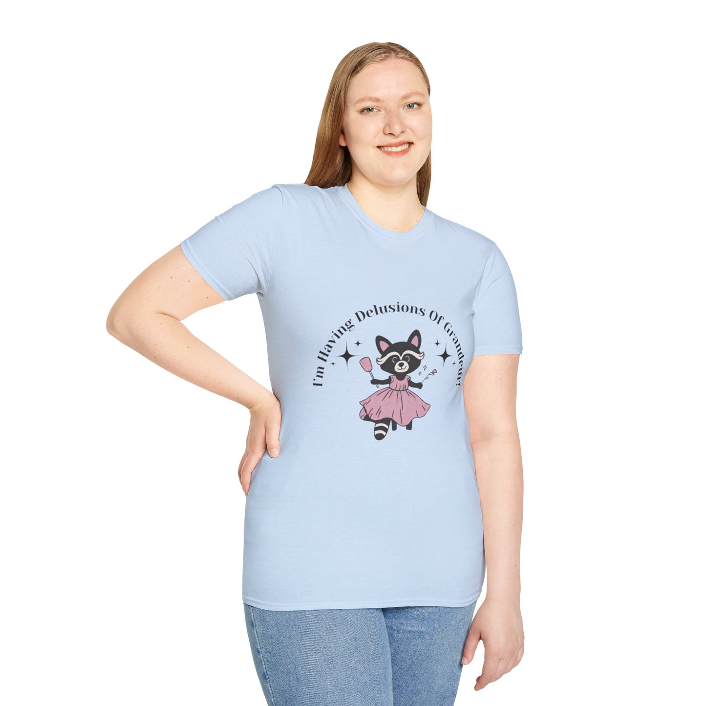 Cute Delusional Raccoon T-Shirt, Funny Animal Tee, Unisex Softstyle Shirt, Gift for Animal Lovers, Playful Fashion